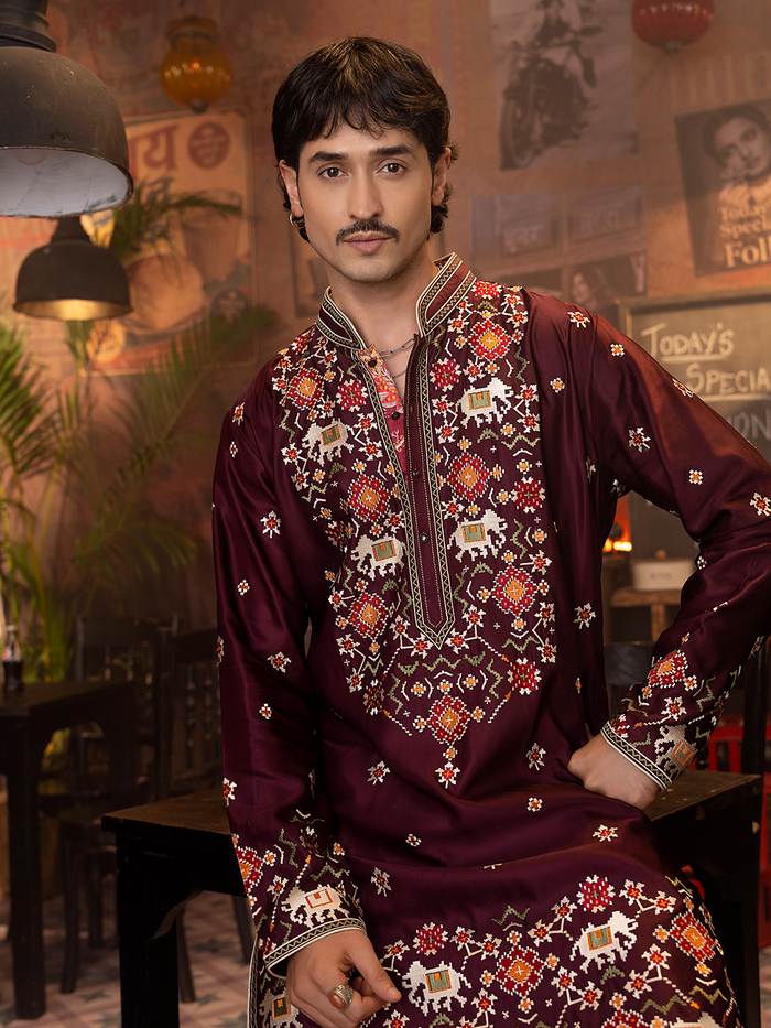 Wine Satin Linen Embroidered Kurta Set with Off White Plazo Pants | Men's Festive Wear