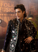 Black Satin Linen Geometric Bandi Jacket Set with Resham Work