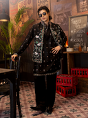 Black Satin Linen Geometric Bandi Jacket Set with Resham Work - KORANM