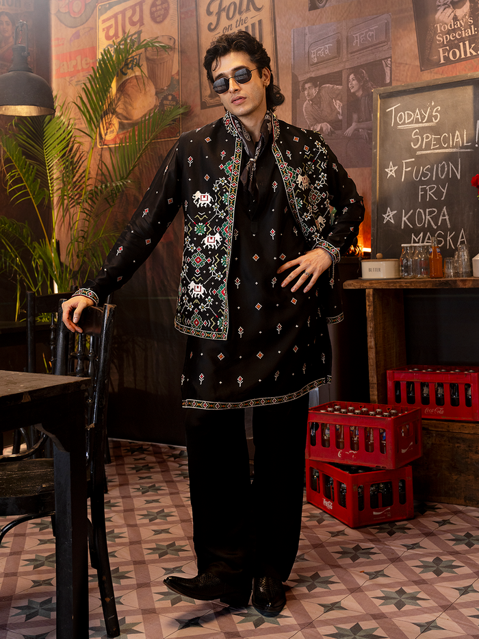 Black Satin Linen Geometric Bandi Jacket Set with Resham Work