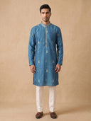 Navy Blue Silk Kurta Set for Men with Printed Design and White Aligarhi Bottom