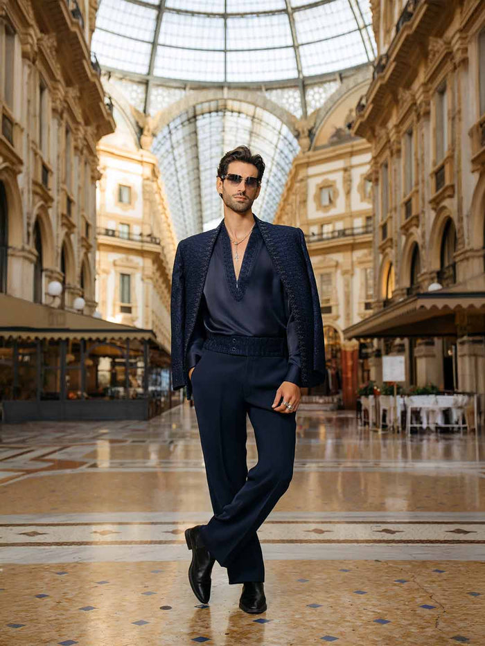Navy Silk Indo-Western Kurta Pant Set for Men with Embroidery - KORANM