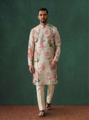 Cream Silk Kurta Set for Men with Floral Print and Cream Aligarhi Bottom