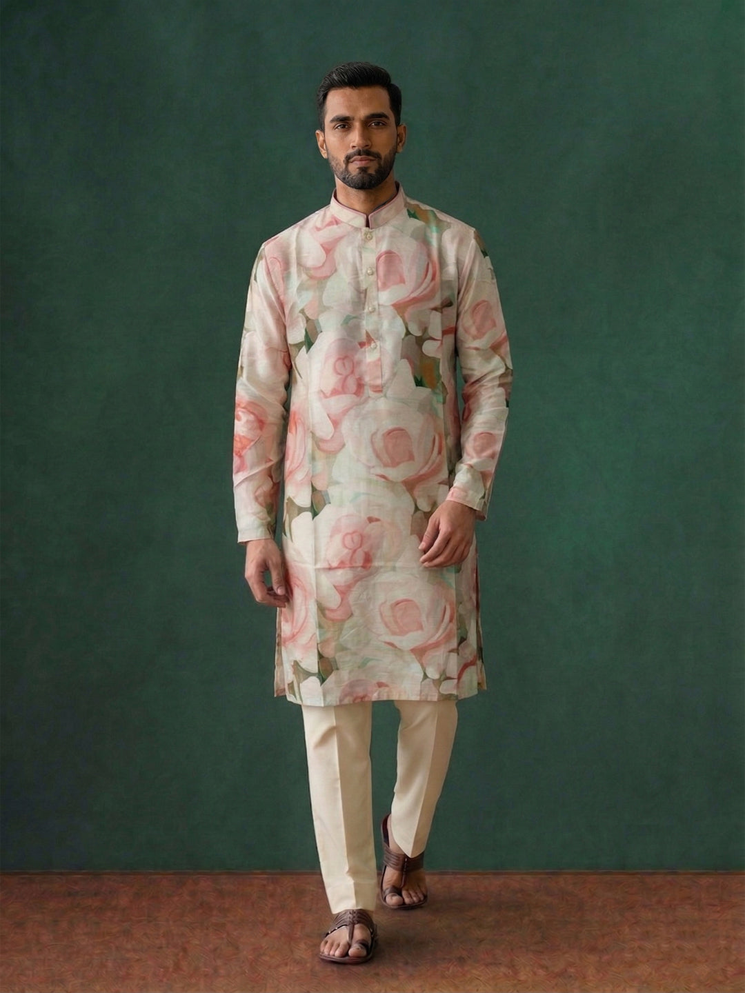 Cream Silk Kurta Set for Men with Floral Print and Cream Aligarhi Bottom - KORANM