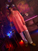 Dark Peach Satin Linen Embroidered Kurta Set with Off White Palazzo Pant | Men's Festive Wear - KORANM