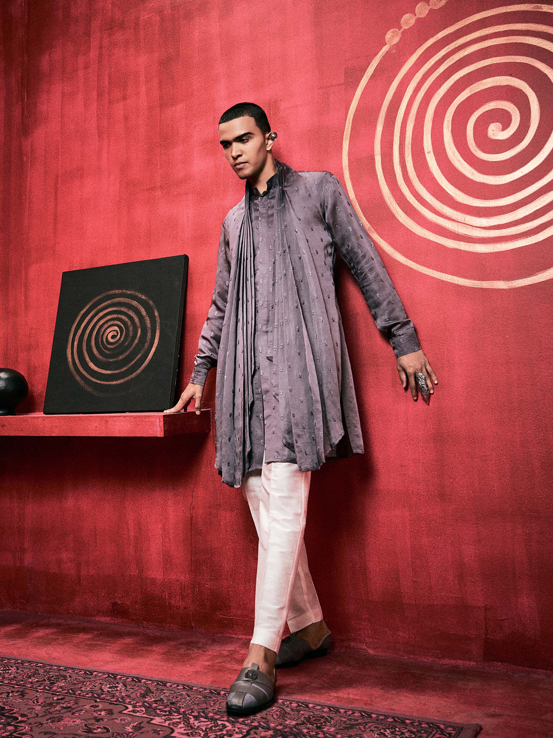 Grey Kurta Set With Attached Dupatta and Aligadi Pants