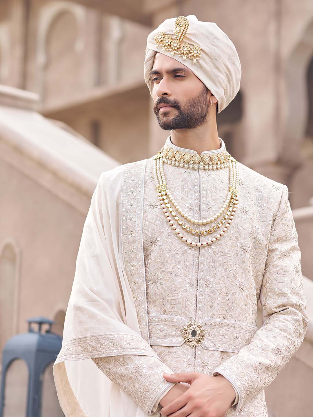 Royal Cream Embroidered Wedding Sherwani For Groom