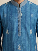 Navy Blue Silk Kurta Set for Men with Printed Design and White Aligarhi Bottom