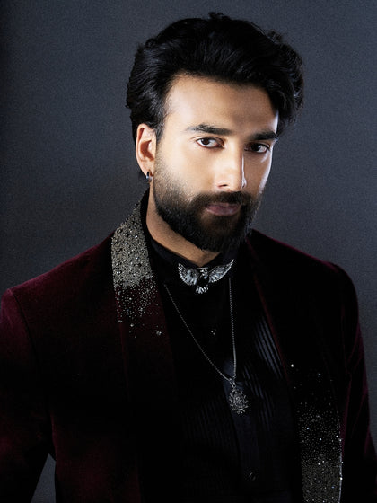 Classic Wine Velvet Embroidered Tuxedo Set with Black Pants | Worn by Meezaan Jafri