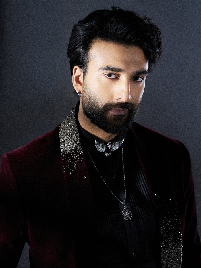 Classic Wine Velvet Embroidered Tuxedo Set with Black Pants | Worn by Meezaan Jafri - KORANM