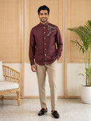 Wine Terry Rayon Bandi Shirt with Animal Design Embroidery