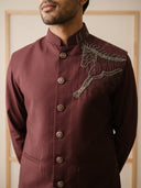 Wine Terry Rayon Bandi Shirt with Animal Design Embroidery