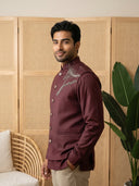 Wine Terry Rayon Bandi Shirt with Animal Design Embroidery
