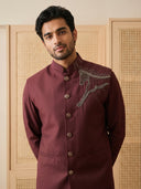 Wine Terry Rayon Bandi Shirt with Animal Design Embroidery