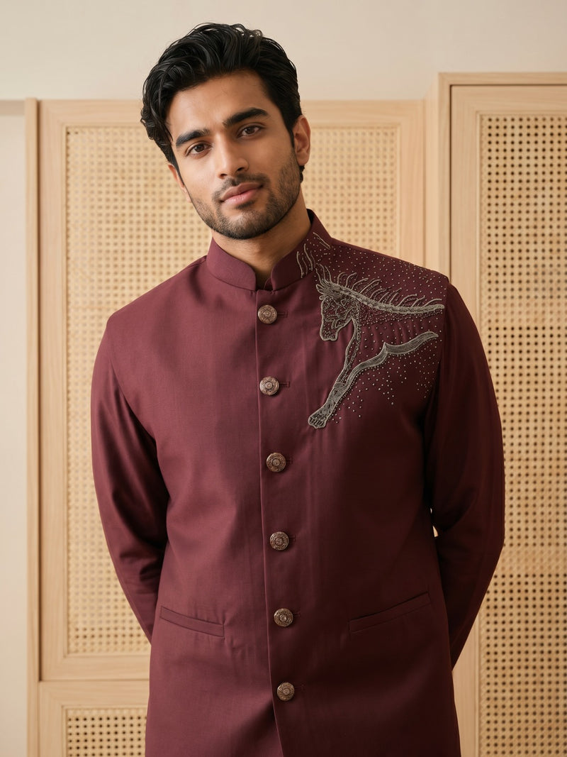 Wine Terry Rayon Bandi Shirt with Animal Design Embroidery - KORANM