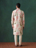 Cream Silk Kurta Set for Men with Floral Print and Cream Aligarhi Bottom