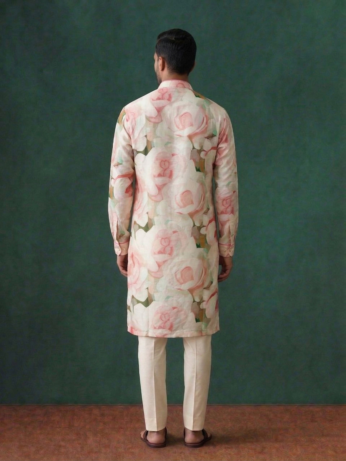 Cream Silk Kurta Set for Men with Floral Print and Cream Aligarhi Bottom - KORANM