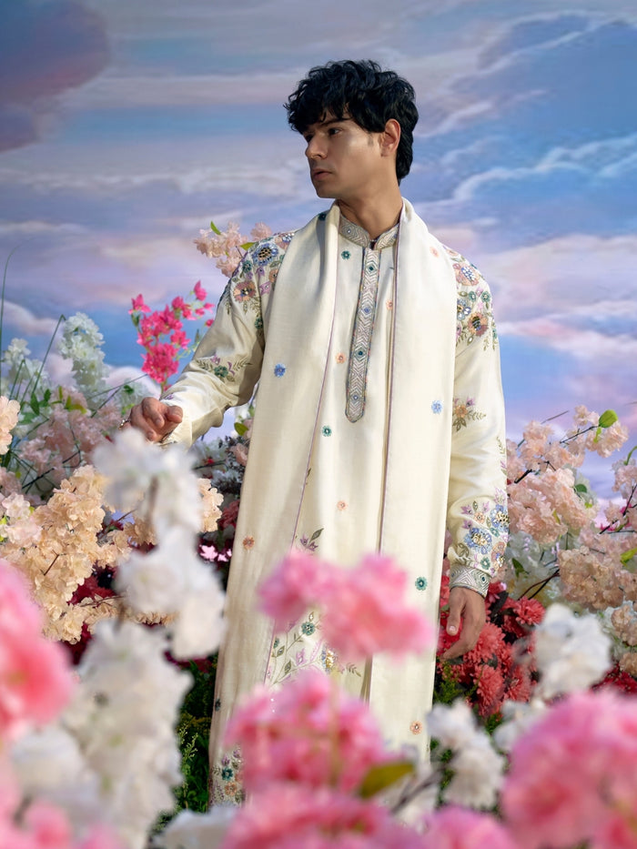Cream Rose Silk Embroidered Kurta Set with Dupatta – Carnival Collection - KORANM