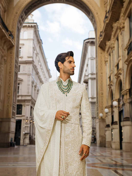 Cream silk embroidered sherwani set for men with kurta, stole, kamarbandh and churidar – front view