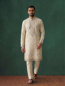 Fawn Silk Kurta Set for Men with Embroidery and Cream Aligarhi Bottom