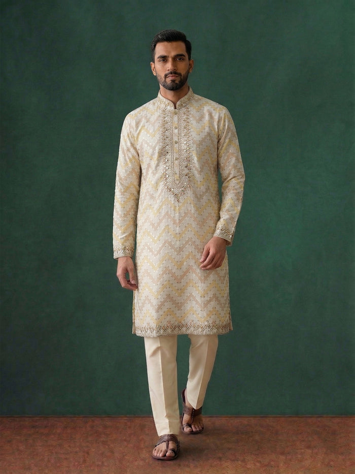 Fawn Silk Kurta Set for Men with Embroidery and Cream Aligarhi Bottom - KORANM