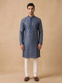 Navy Blue Jacquard Silk Kurta Set with White Aligarhi for Men – Ethnic Wear - KORANM