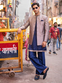 Navy gold Indo-Western kurta pant set for men in Hil silk – front view