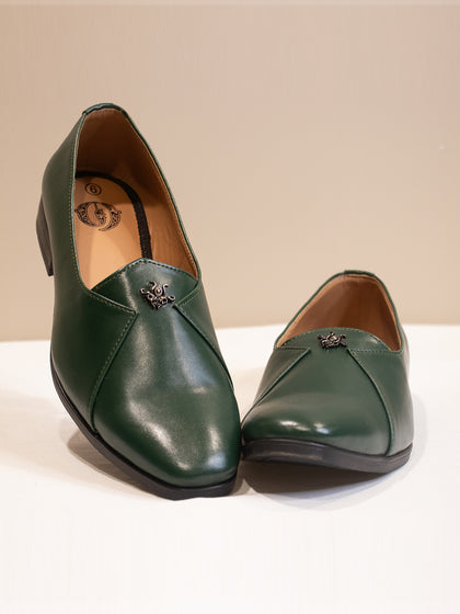 Olive Green Solid Leather Slip-On Loafers for Men
