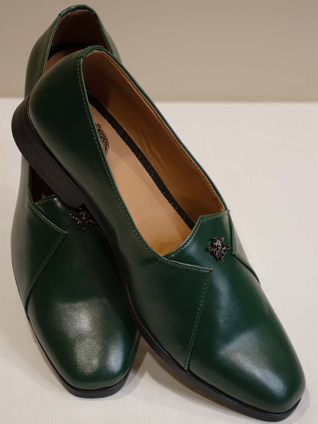 Olive Green Solid Leather Slip-On Loafers for Men