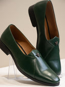 Olive Green Solid Leather Slip-On Loafers for Men