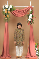 Mustard Yellow Velvet Printed Sherwani Set