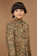 Mustard Yellow Velvet Printed Sherwani Set