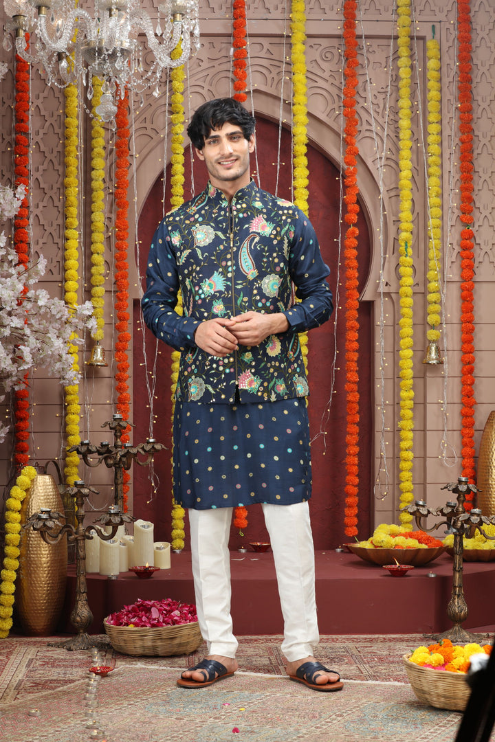Navy Blue Embroidered Kurta Jacket Set