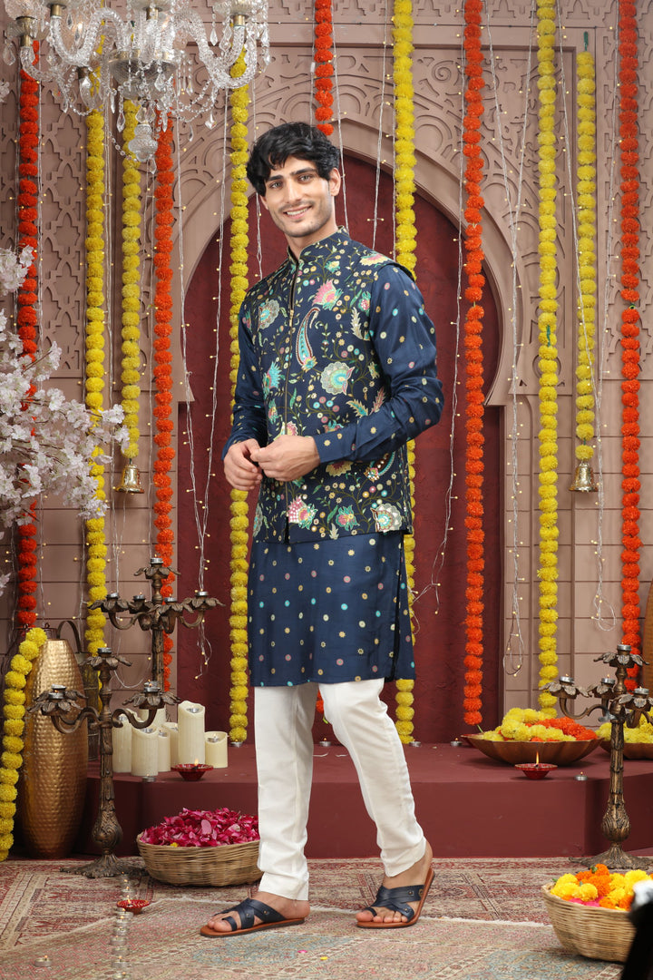 Navy Blue Embroidered Kurta Jacket Set