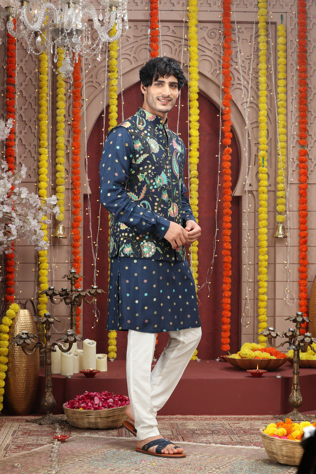 Navy Blue Embroidered Kurta Jacket Set