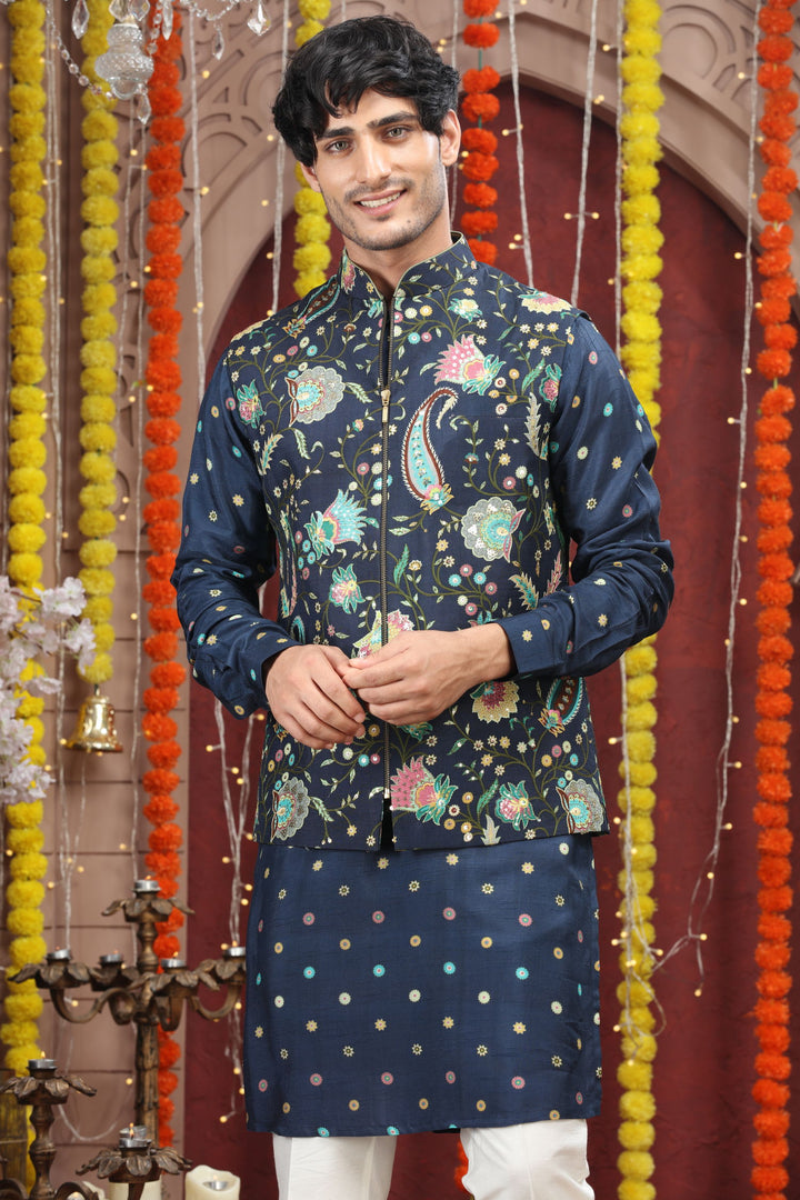Navy Blue Embroidered Kurta Jacket Set
