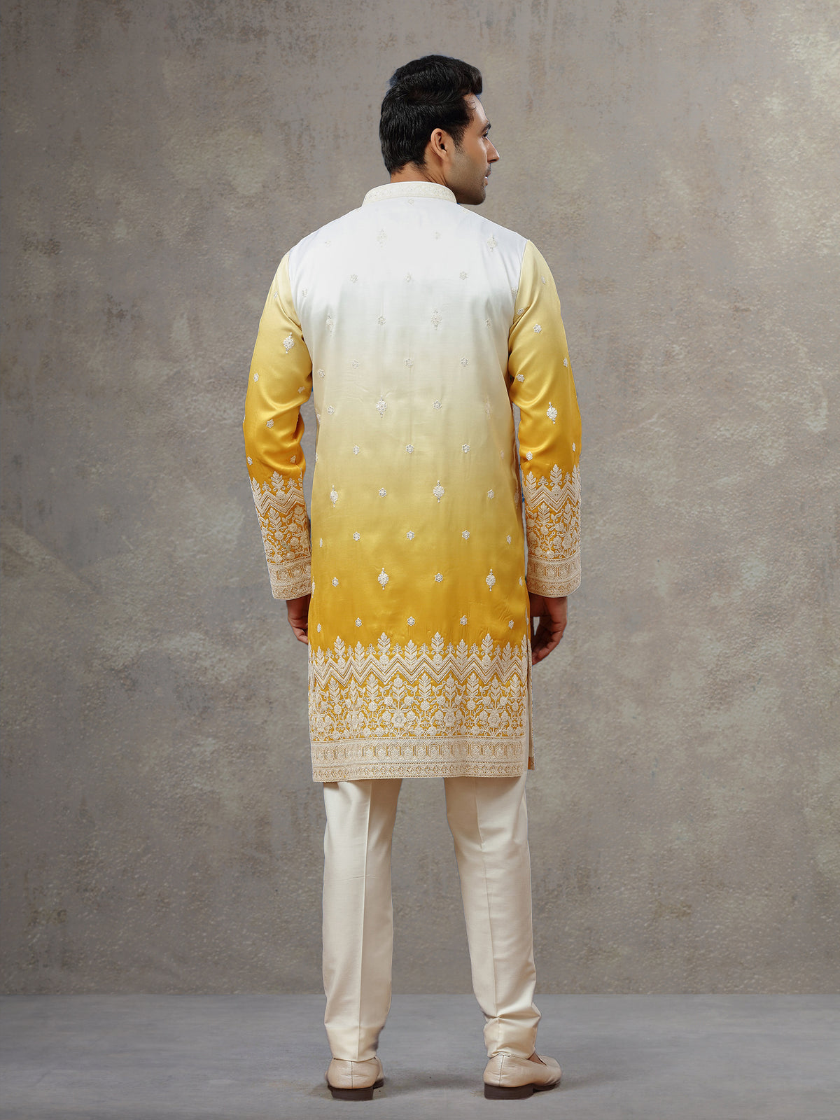 White Yellow Silk Kurta with White Aligarhi Pants for Men