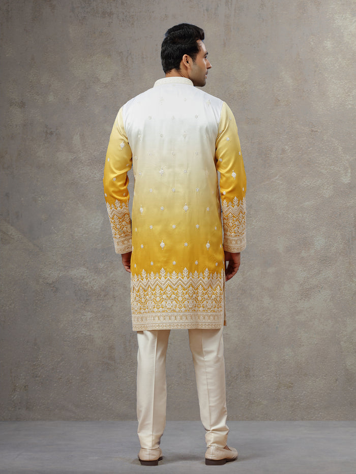 White Yellow Silk Kurta with White Aligarhi Pants for Men