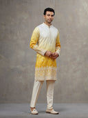White Yellow Silk Kurta with White Aligarhi Pants for Men