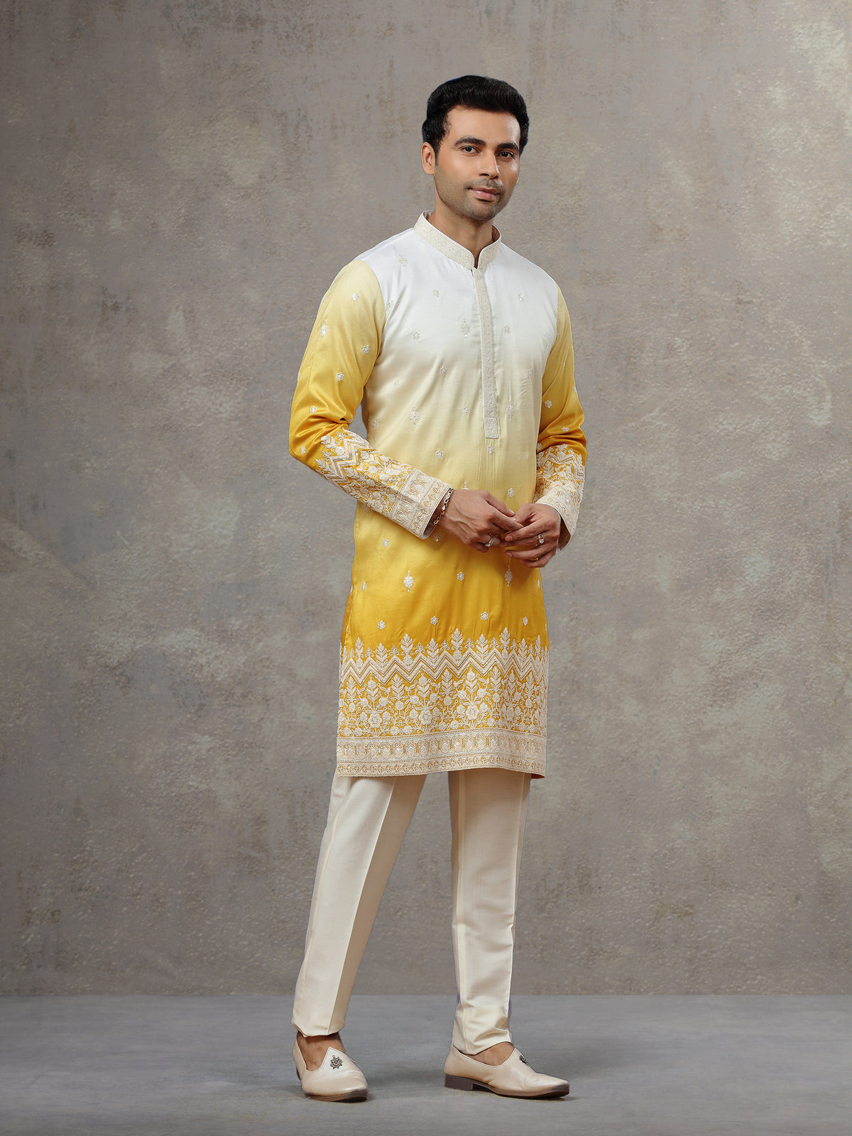 White Yellow Silk Kurta with White Aligarhi Pants for Men