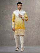 White Yellow Silk Kurta with White Aligarhi Pants for Men