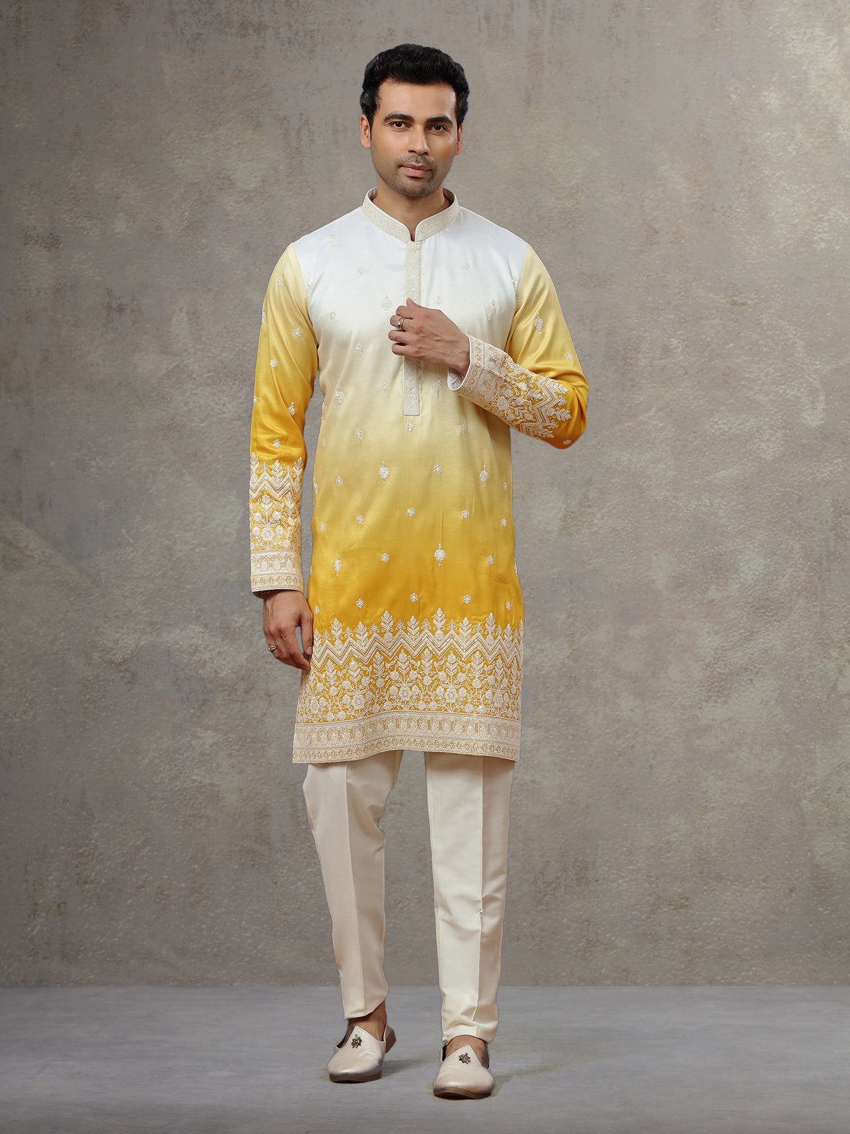 White Yellow Silk Kurta with White Aligarhi Pants for Men