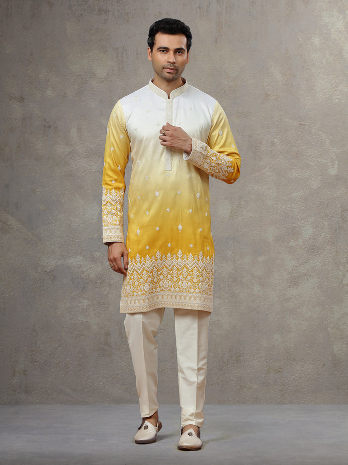 White Yellow Silk Kurta with White Aligarhi Pants for Men