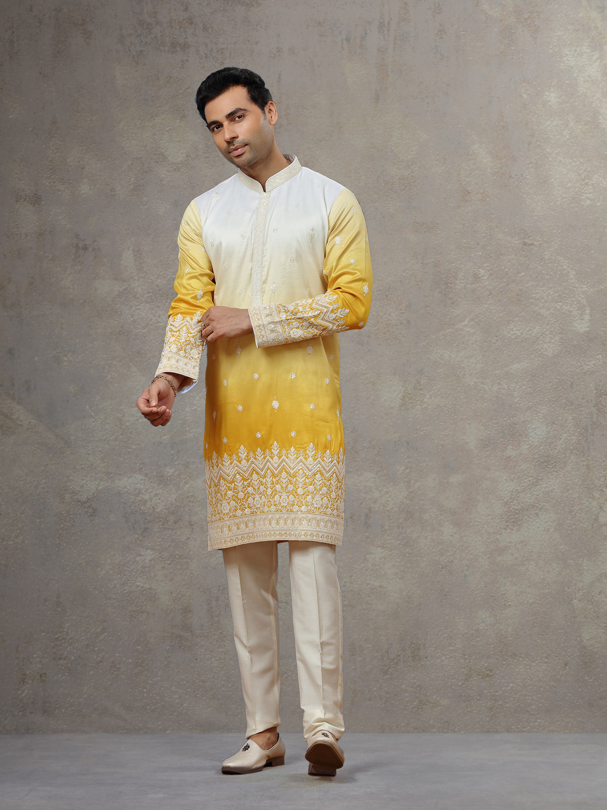 White Yellow Silk Kurta with White Aligarhi Pants for Men