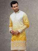 White Yellow Silk Kurta with White Aligarhi Pants for Men