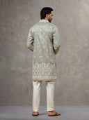 Light Grey Silk Kurta with Cream Aligarhi Pant for Men