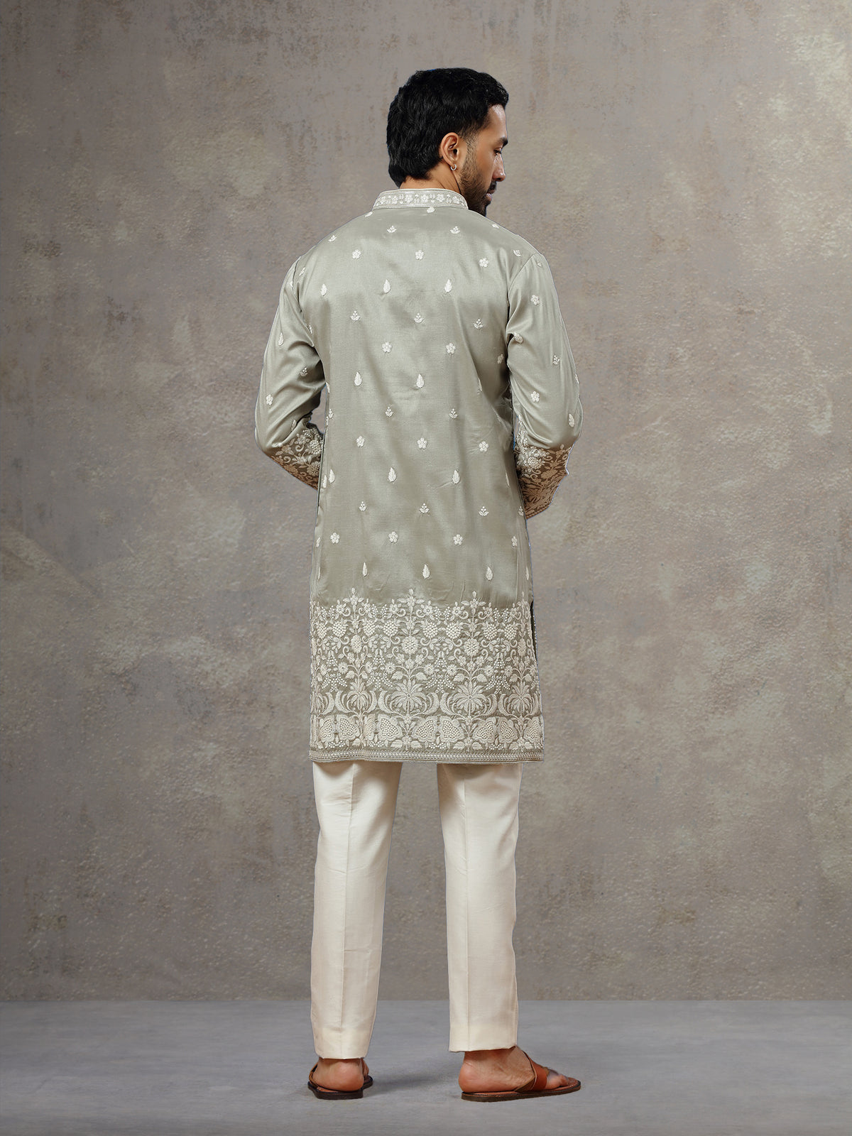 Light Grey Silk Kurta with Cream Aligarhi Pant for Men