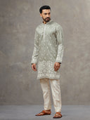Light Grey Silk Kurta with Cream Aligarhi Pant for Men