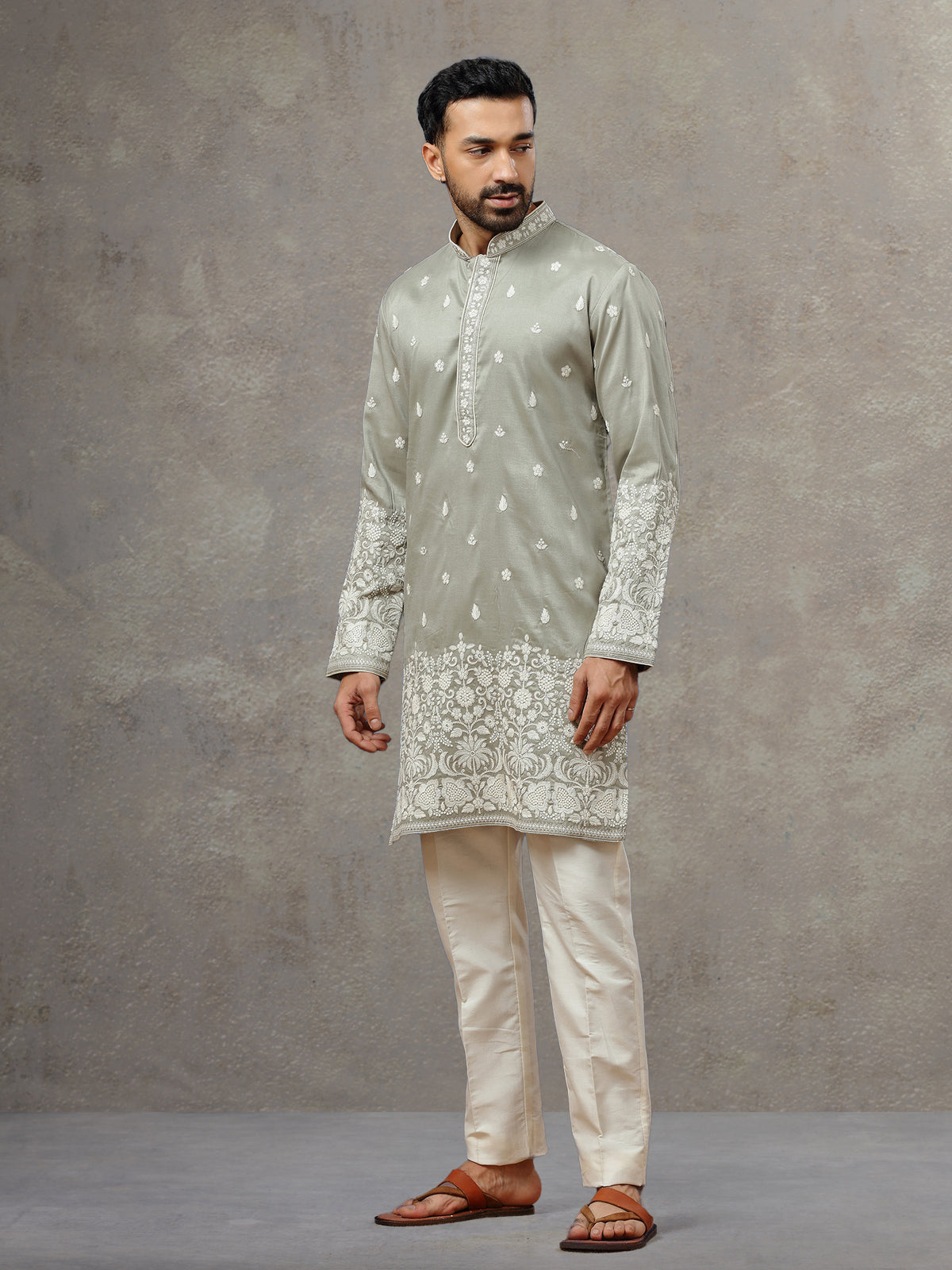 Light Grey Silk Kurta with Cream Aligarhi Pant for Men