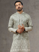 Light Grey Silk Kurta with Cream Aligarhi Pant for Men